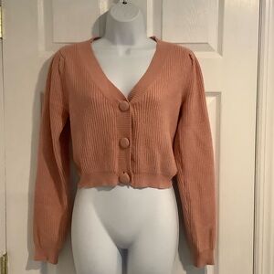 NWOT LULU’S Pink Puff Sleeve Ribbed Coastal Grandma Spring Cardigan Sweater M
